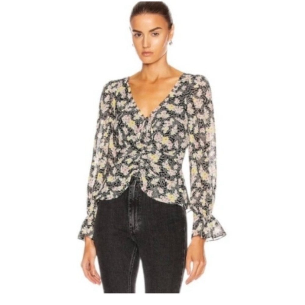 Cinq a Sept Kimberly floral print long sleeve v neck tie front elastic wrist